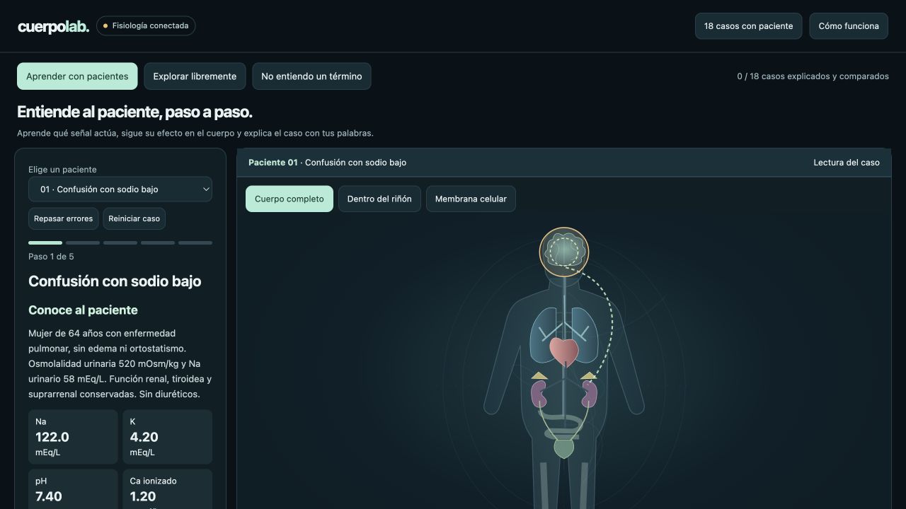 Laboratorio de ENARMPass con caso de sodio bajo, resultados y visualización del cuerpo humano.